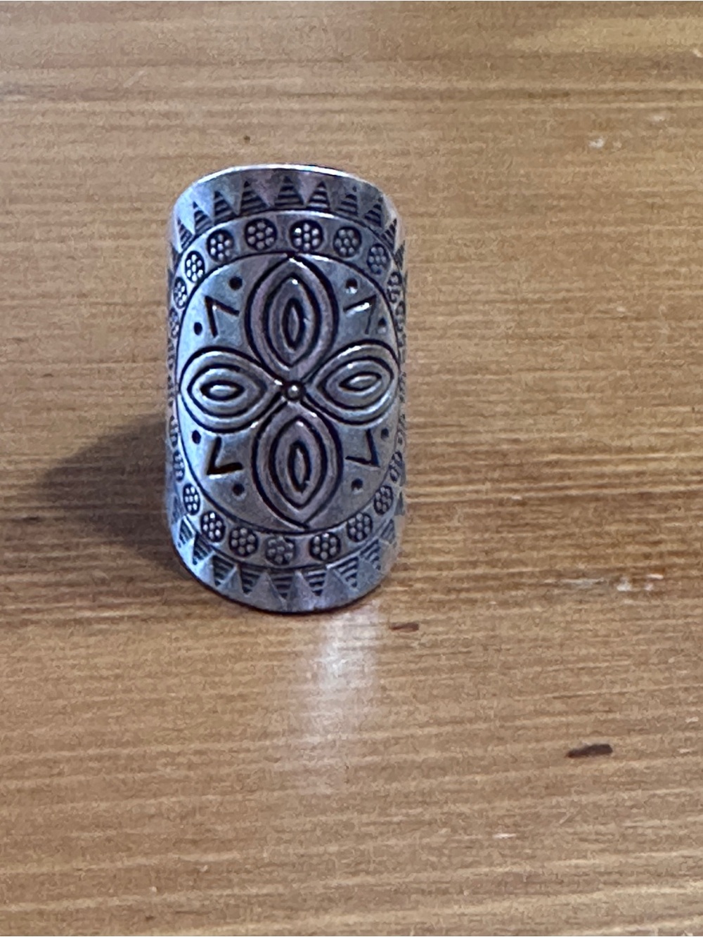 Silver Tone Floral Geometric Shield Ring Adjustable Boho Statement 🌺